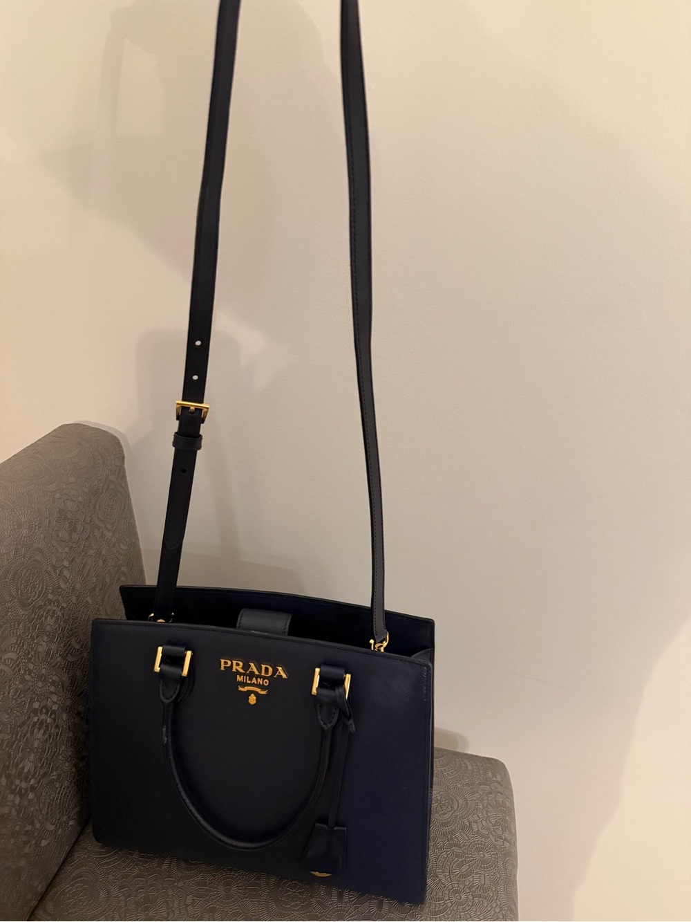 Prada Navy Saffiano Satchel with Gold Hardware - Picture 2 of 3